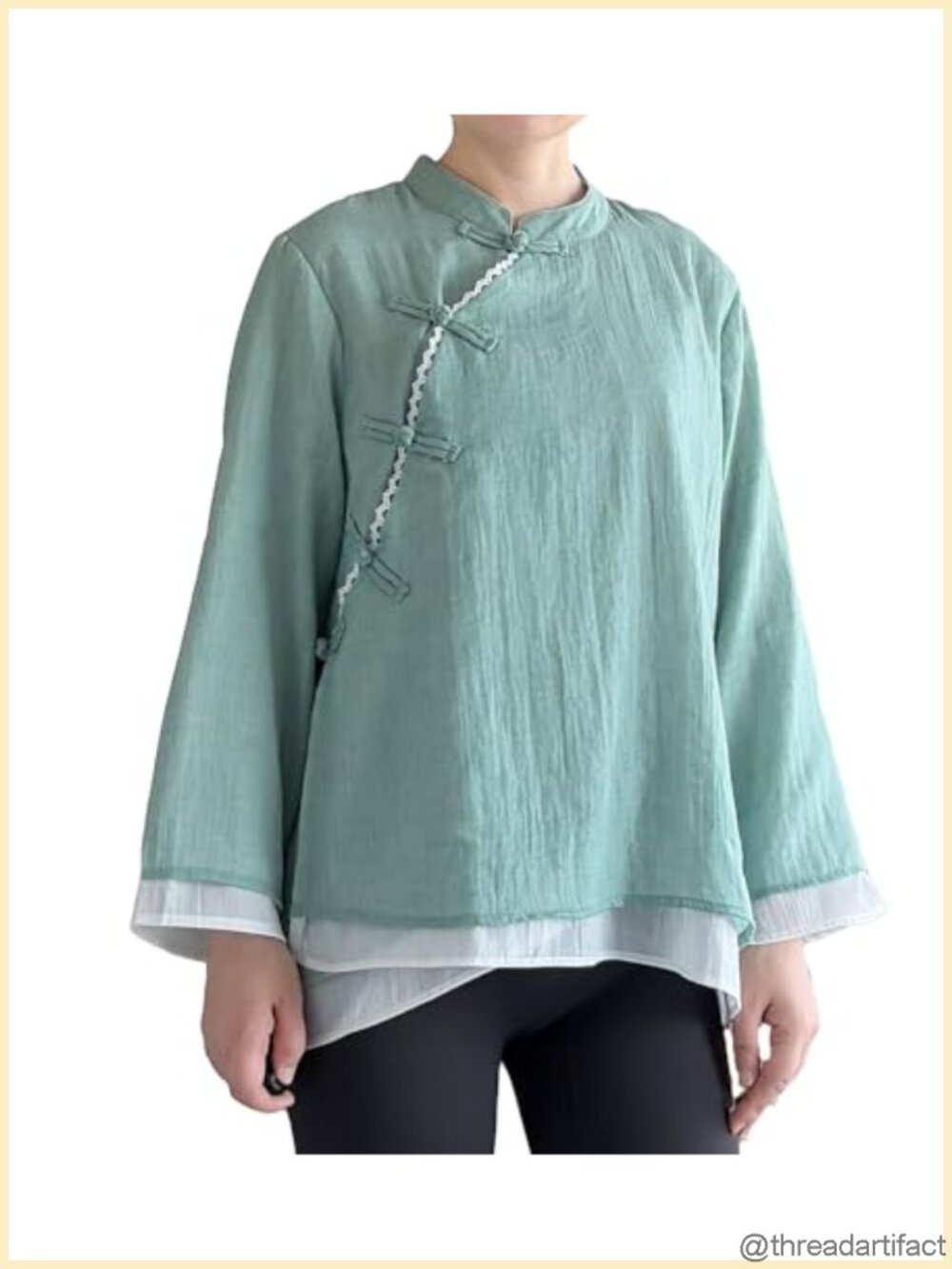Cotton Linen 3/4 Sleeve Button Down Blouse Chinese Frog Casual Top